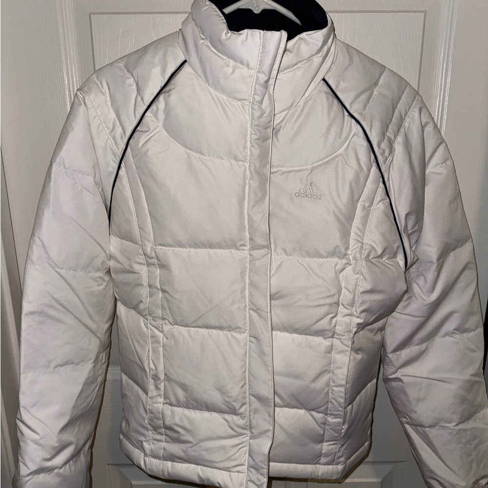 Adidas Women's White Puffer Jacket with Black Accents